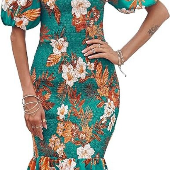 Women's Small Floral Midi Bodycon Dress Midi off shoulder Derby Puff Sleeve Ruf - Picture 3 of 5